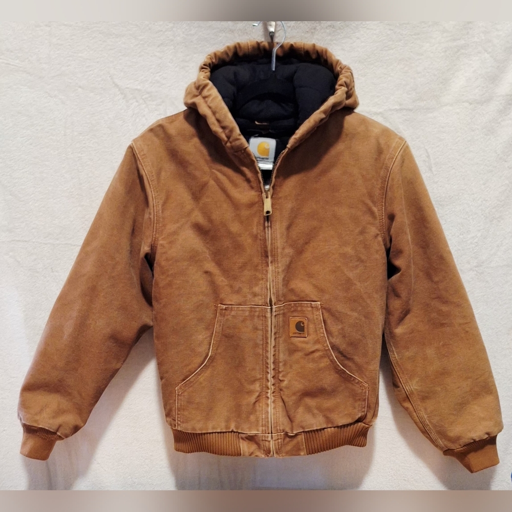 Vtg Carhartt Youth Boys Active Jacket YYJ130 BRN Quilt Lined Hooded Brown Size L